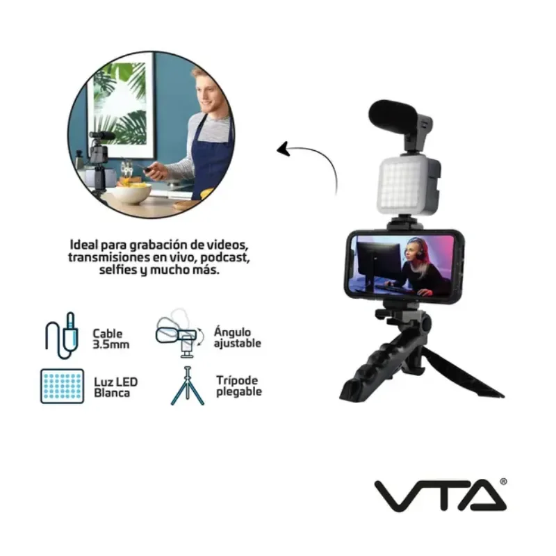 Trípode VTA+ con Luz LED y Micrófono 3.5mm para Celular - Negro 3