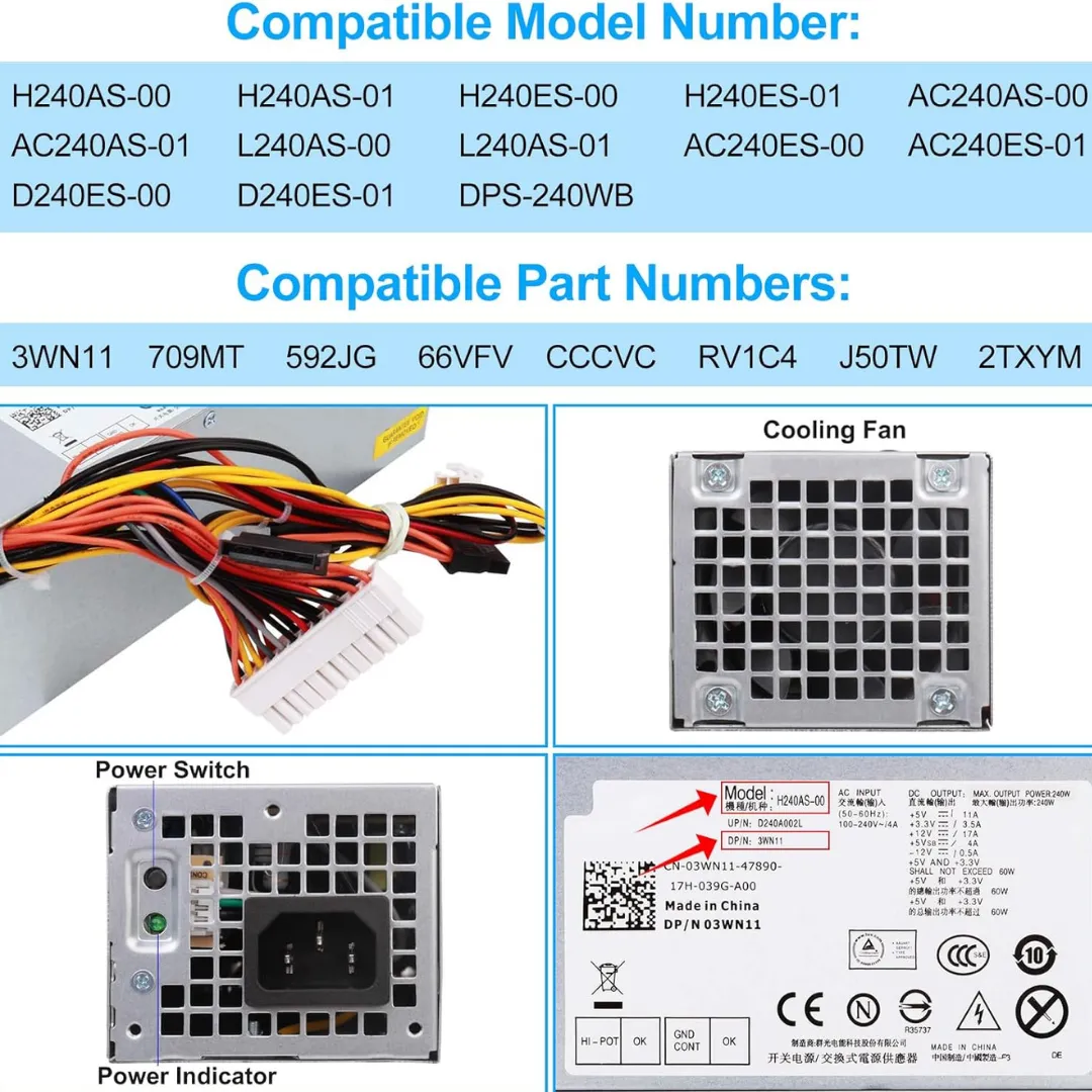 fuente de alimentación PSU para Dell OptiPlex 390 790 960 990 3010 7010 9010 d04s SFF s-union 240 W