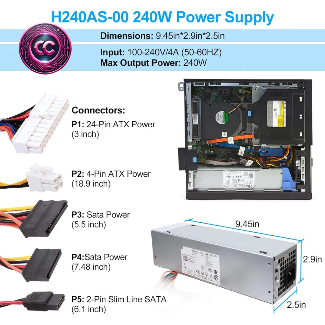 fuente de alimentación PSU para Dell OptiPlex 390 790 960 990 3010 7010 9010 d04s SFF s-union 240 W
