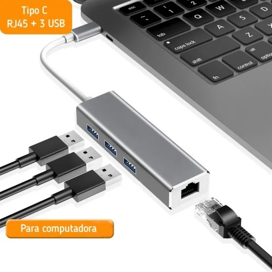 Adaptador Rj45 a USB C + 3 puertos USB