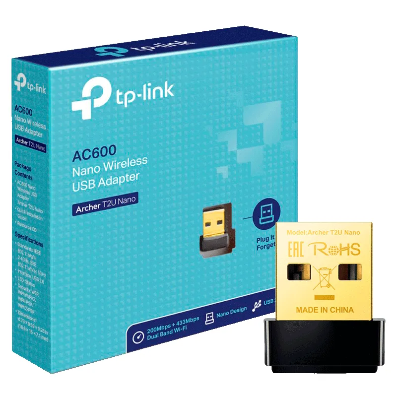 Adaptador de Red USB a Wi-Fi TP-Link Archer T2U Nano AC600 Doble Banda 200-433Mbps