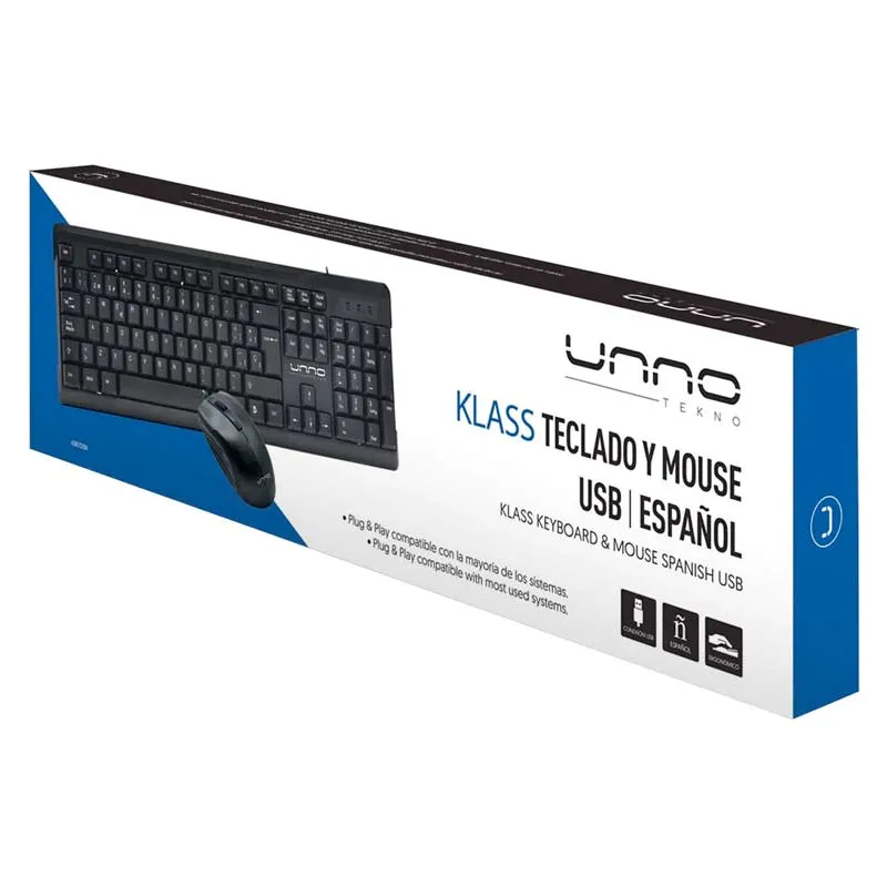 Teclado y Mouse Alámbrico Unno Tekno Klass USB Negro Español