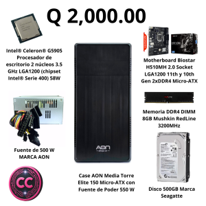 CPU INTEL CELERON G5905 + MEMORIA RAM 8GB + CASE AON CON FUENTE 500W+ MOBO 510H