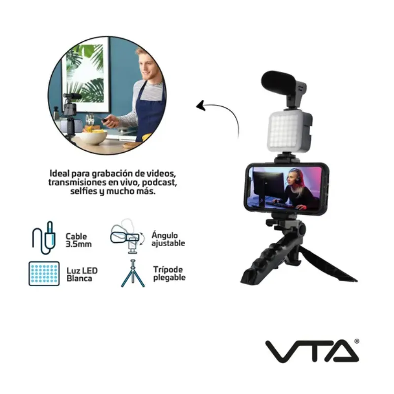 Trípode VTA+ con Luz LED y Micrófono 3.5mm para Celular – Negro