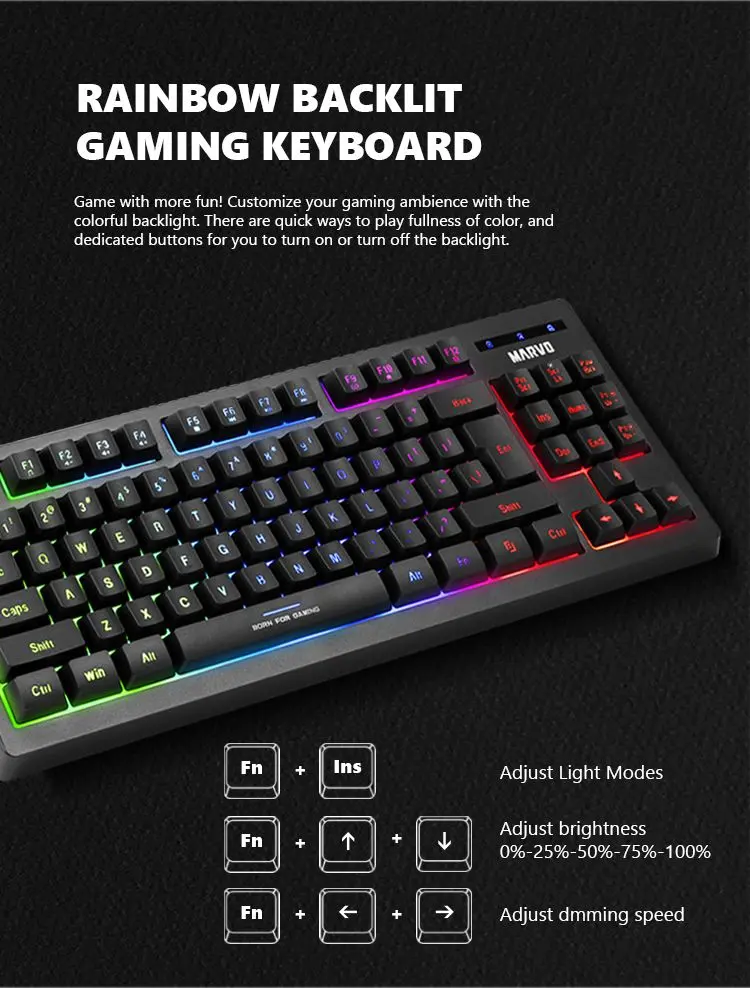 Teclado Marvo Gaming Usb Negro Rainbow K607Sp Membrana Tkl Anti-Ghosting