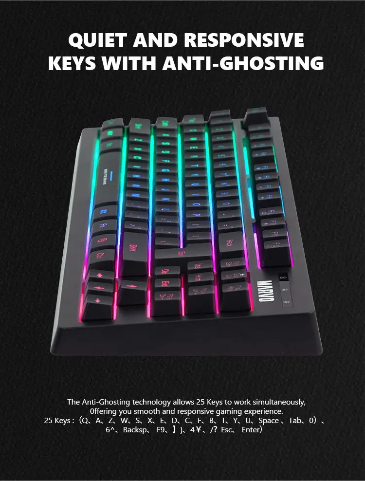 Teclado Marvo Gaming Usb Negro Rainbow K607Sp Membrana Tkl Anti-Ghosting