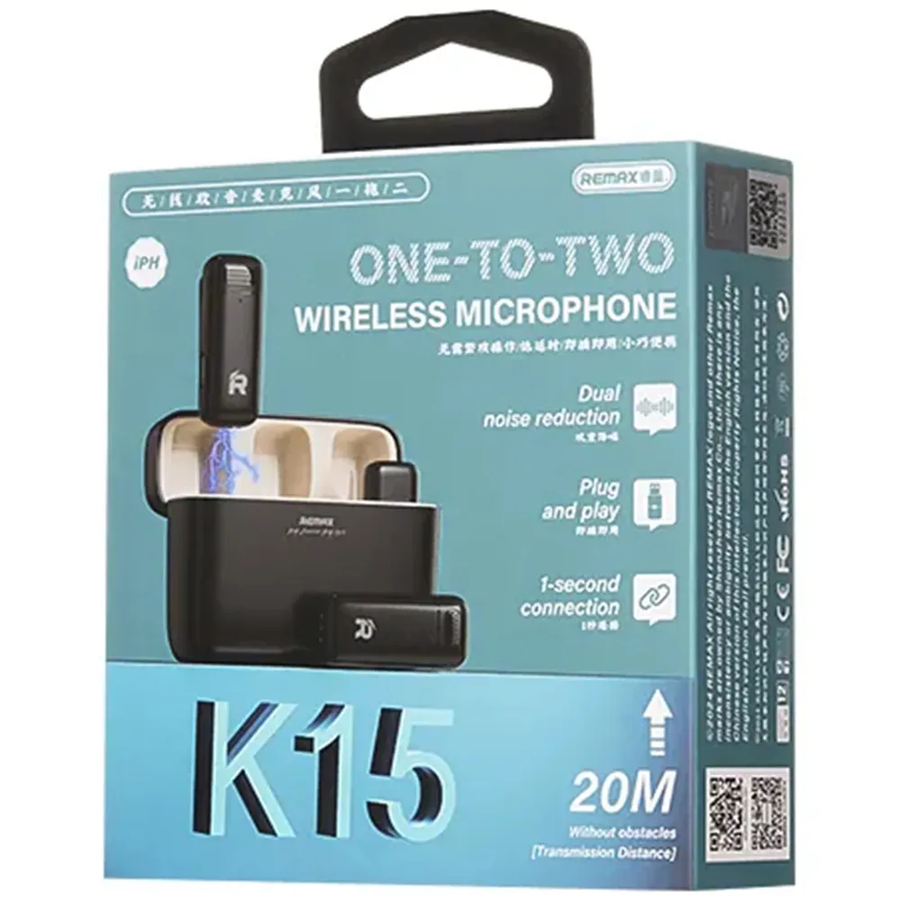 REMAX K15 iPHone Micrófono inalámbrico 2 en 1 con cancelación de ruido para teléfonos inteligentes